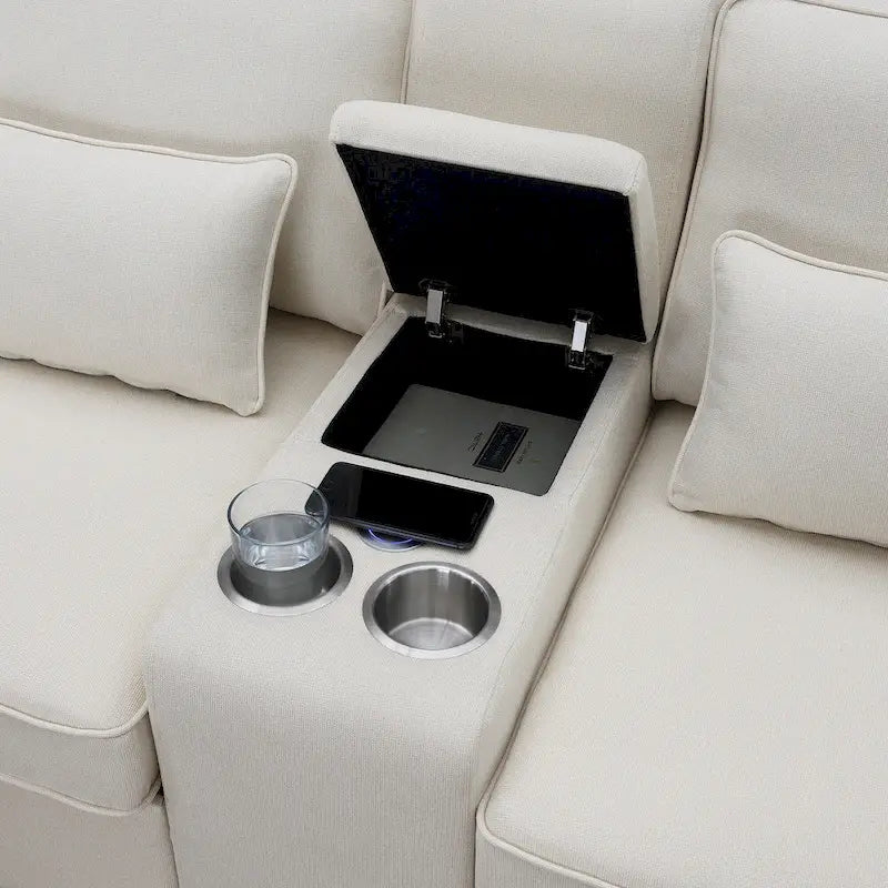 [VIDÉO fournie] [Nouveau] Canapé rembourré 114.2 avec console, 2 porte-gobelets et 2 ports USB avec recharge filaire ou sans fil, style moderne Li