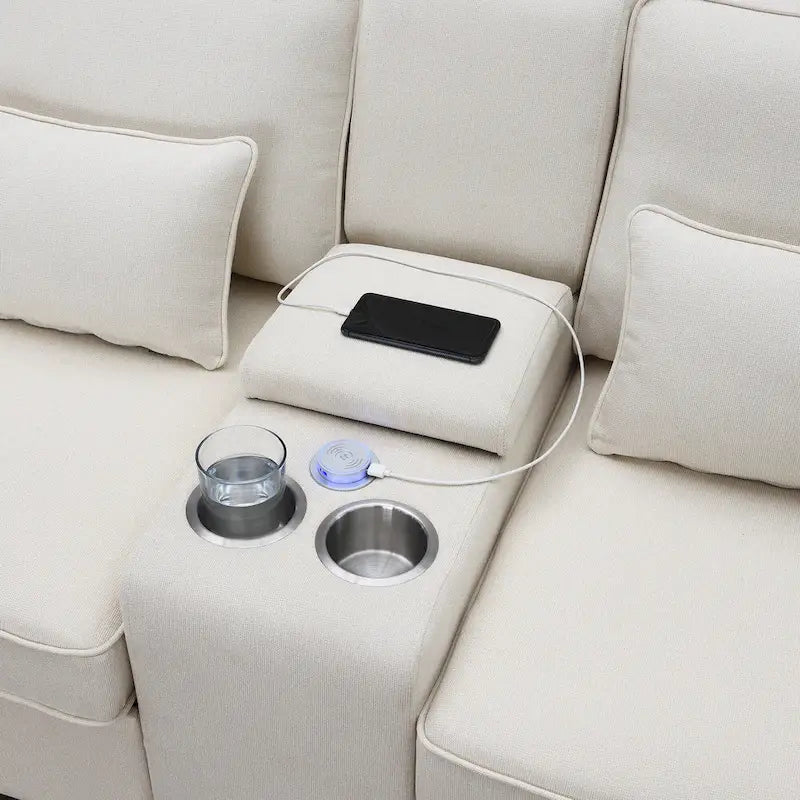 [VIDÉO fournie] [Nouveau] Canapé rembourré 114.2 avec console, 2 porte-gobelets et 2 ports USB avec recharge filaire ou sans fil, style moderne Li