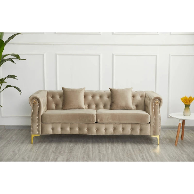 Canapé Chesterfield en velours touffeté 35P x 85L x 30,3H