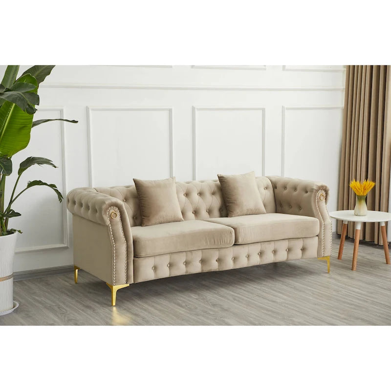 Canapé Chesterfield en velours touffeté 35P x 85L x 30,3H