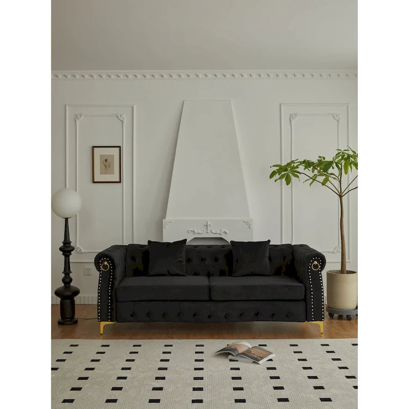 Canapé Chesterfield en velours touffeté 35P x 85L x 30,3H