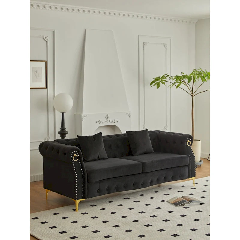 Canapé Chesterfield en velours touffeté 35P x 85L x 30,3H