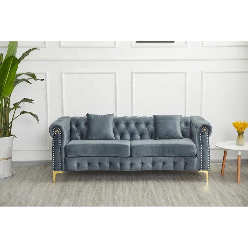 Canapé Chesterfield en velours touffeté 35P x 85L x 30,3H