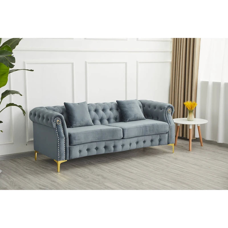 Canapé Chesterfield en velours touffeté 35P x 85L x 30,3H