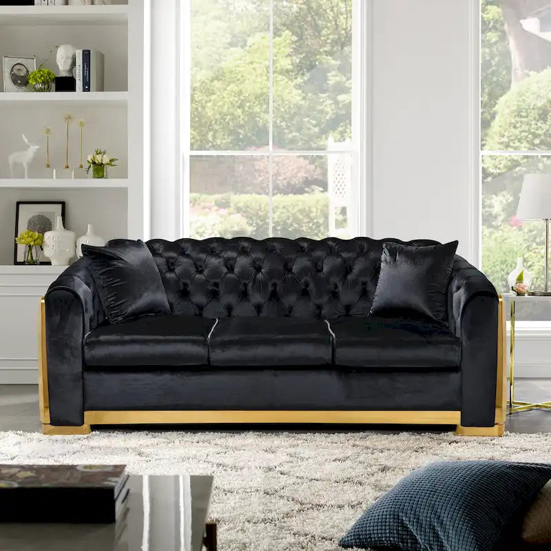 Ensemble de canapés de luxe Chesterield en velours, canapé 3 places capitonné de 213 cm avec pieds en acier inoxydable doré pour salon, tissu beige