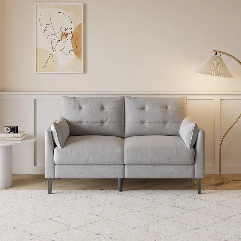 Canapé double gris clair en coton-lin 57,5, pieds en métal, pieds en plastique, coussin épais avec deux accoudoirs