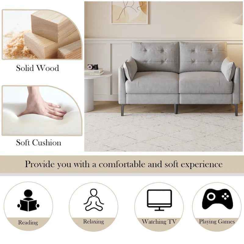 Canapé double gris clair en coton-lin 57,5, pieds en métal, pieds en plastique, coussin épais avec deux accoudoirs