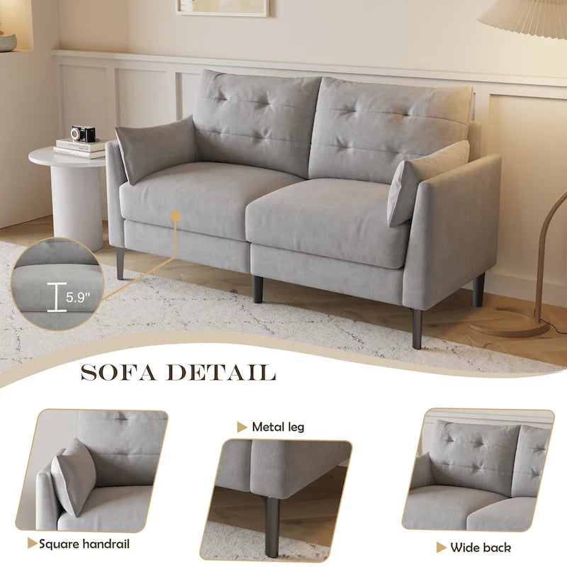 Canapé double gris clair en coton-lin 57,5, pieds en métal, pieds en plastique, coussin épais avec deux accoudoirs
