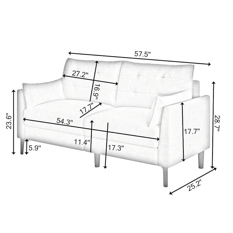 Canapé double gris clair en coton-lin 57,5, pieds en métal, pieds en plastique, coussin épais avec deux accoudoirs