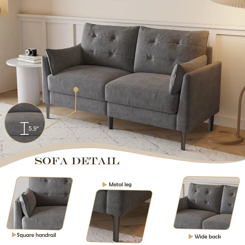 Canapé double gris clair en coton-lin 57,5, pieds en métal, pieds en plastique, coussin épais avec deux accoudoirs