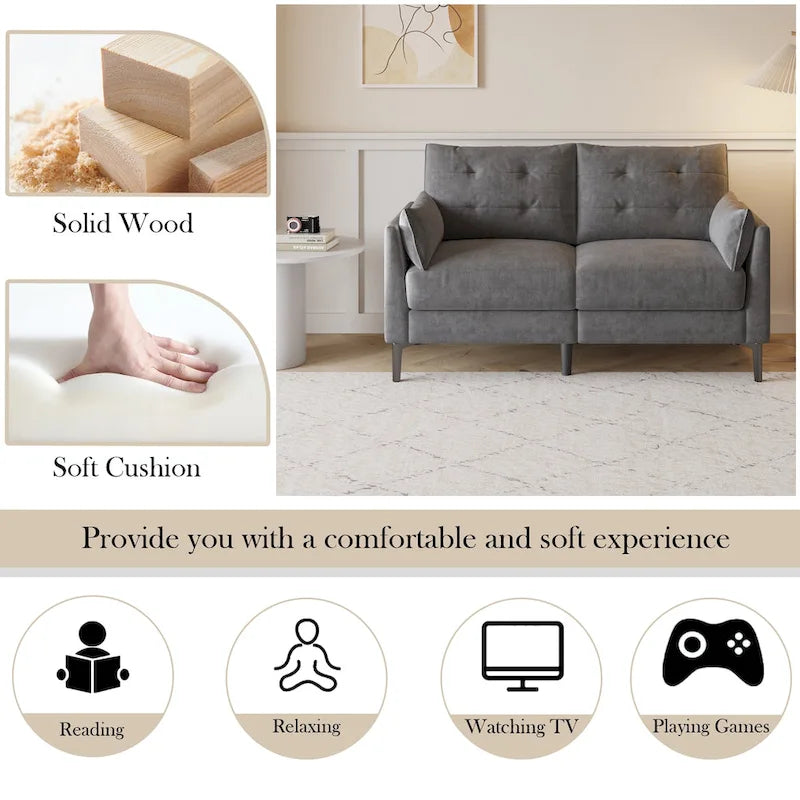 Canapé double gris clair en coton-lin 57,5, pieds en métal, pieds en plastique, coussin épais avec deux accoudoirs