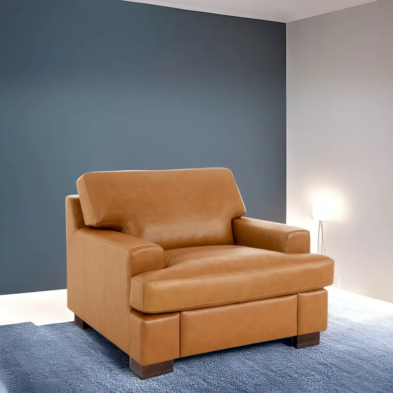 Fauteuil d'appoint en cuir véritable - Confort luxueux Garnissage coussin plumes d'oie Accoudoirs carrés Pieds blocs robustes