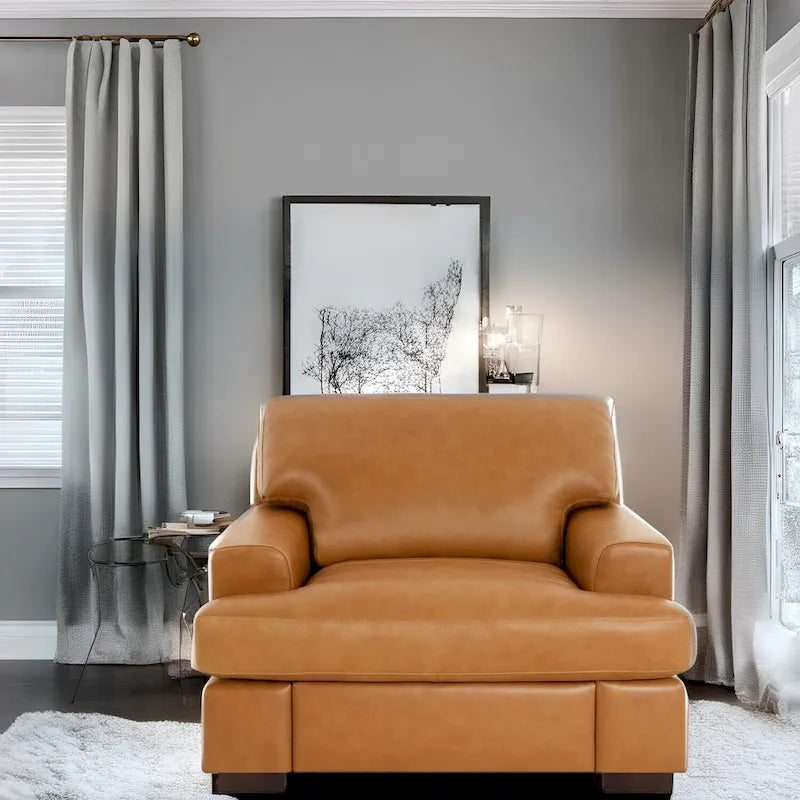 Fauteuil d'appoint en cuir véritable - Confort luxueux Garnissage coussin plumes d'oie Accoudoirs carrés Pieds blocs robustes