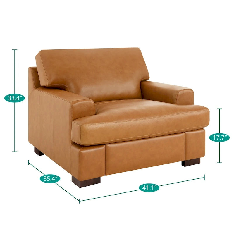 Fauteuil d'appoint en cuir véritable - Confort luxueux Garnissage coussin plumes d'oie Accoudoirs carrés Pieds blocs robustes