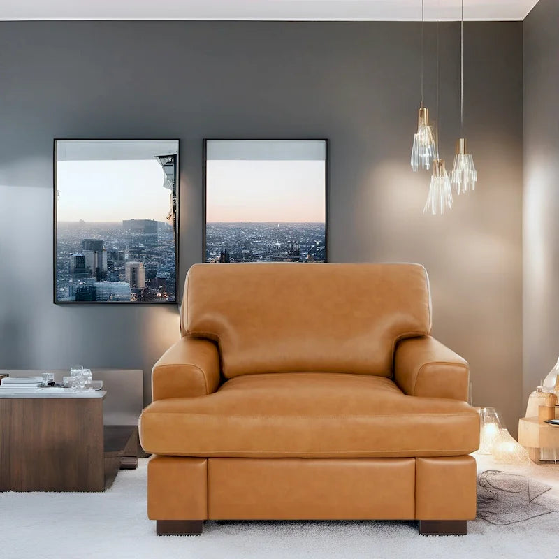 Fauteuil d'appoint en cuir véritable - Confort luxueux Garnissage coussin plumes d'oie Accoudoirs carrés Pieds blocs robustes