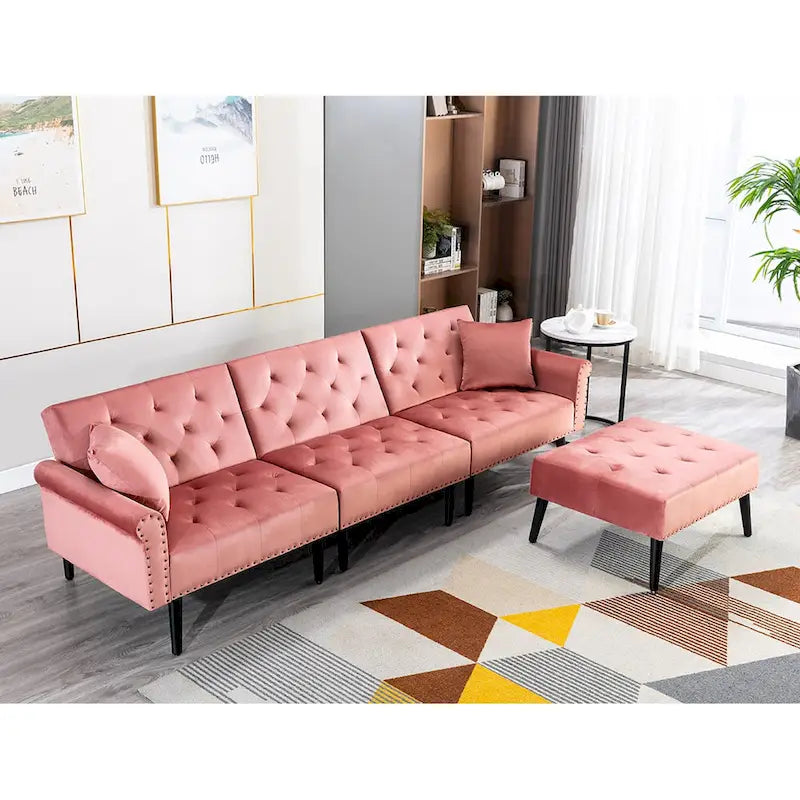 Canapé convertible en velours, canapé sectionnel avec pouf, canapé-lit futon du milieu du siècle - 32P x 100,7L x 29,9H
