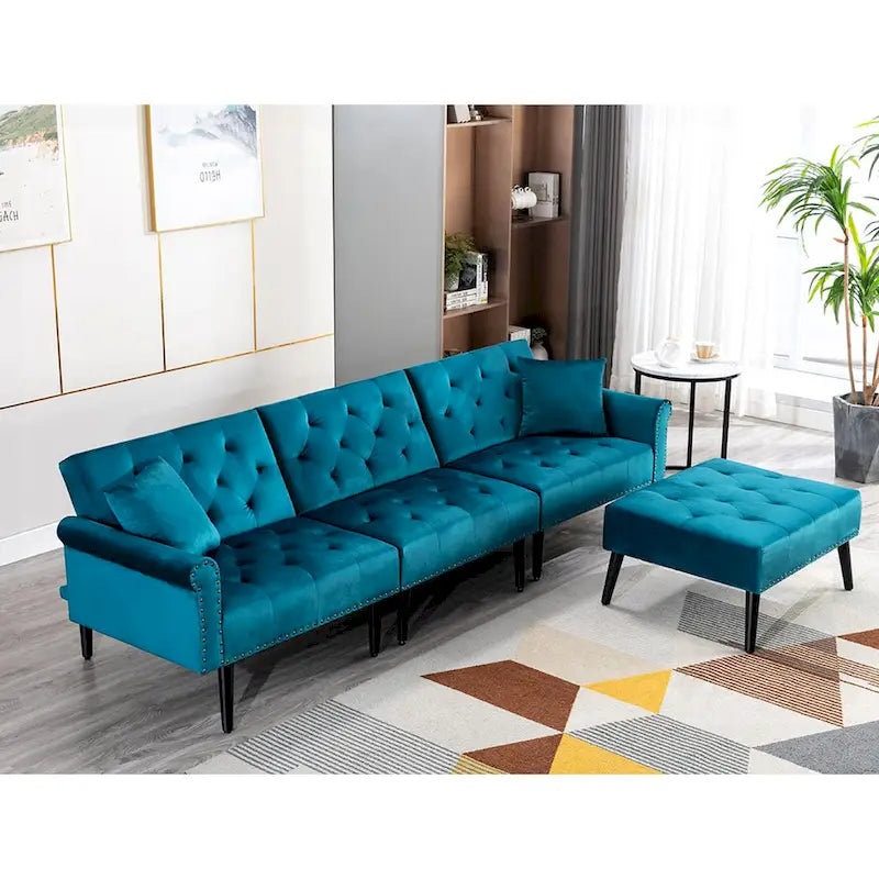 Canapé convertible en velours, canapé sectionnel avec pouf, canapé-lit futon du milieu du siècle - 32P x 100,7L x 29,9H