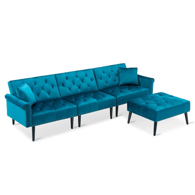 Canapé convertible en velours, canapé sectionnel avec pouf, canapé-lit futon du milieu du siècle - 32P x 100,7L x 29,9H