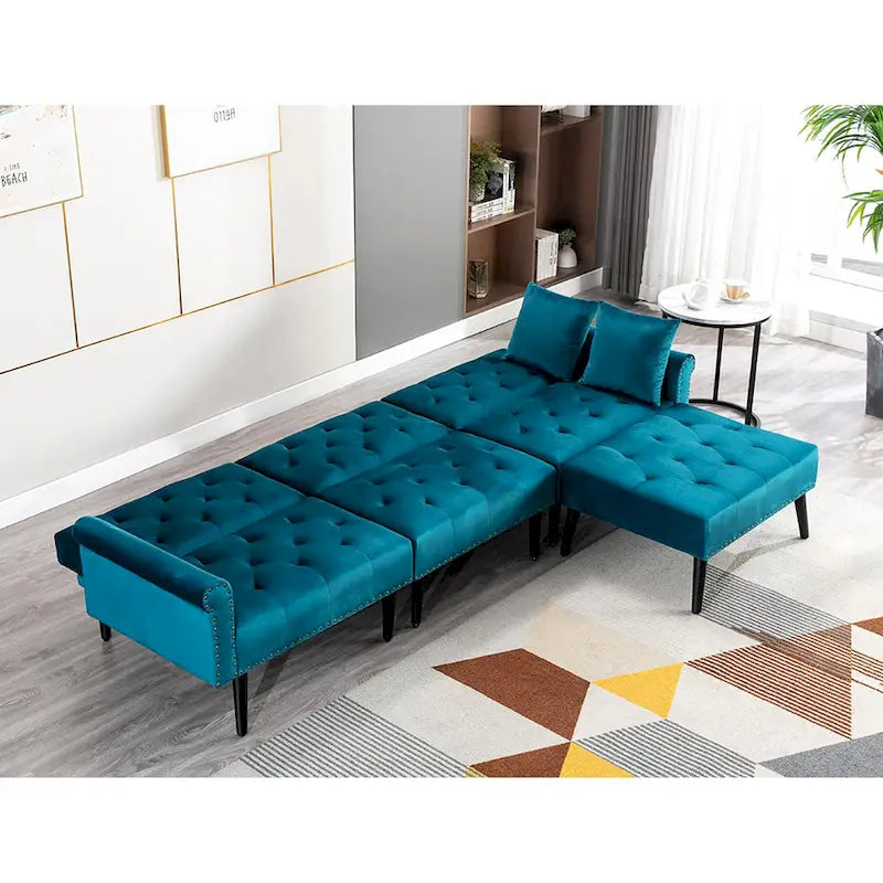 Canapé convertible en velours, canapé sectionnel avec pouf, canapé-lit futon du milieu du siècle - 32P x 100,7L x 29,9H