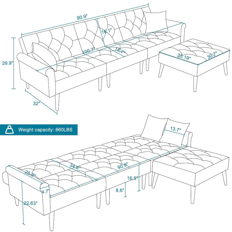 Canapé convertible en velours, canapé sectionnel avec pouf, canapé-lit futon du milieu du siècle - 32P x 100,7L x 29,9H