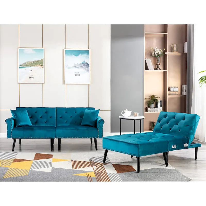Canapé convertible en velours, canapé sectionnel avec pouf, canapé-lit futon du milieu du siècle - 32P x 100,7L x 29,9H