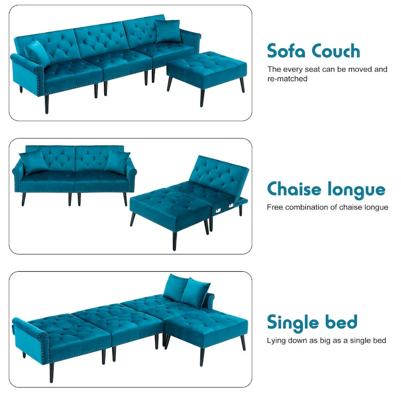 Canapé convertible en velours, canapé sectionnel avec pouf, canapé-lit futon du milieu du siècle - 32P x 100,7L x 29,9H