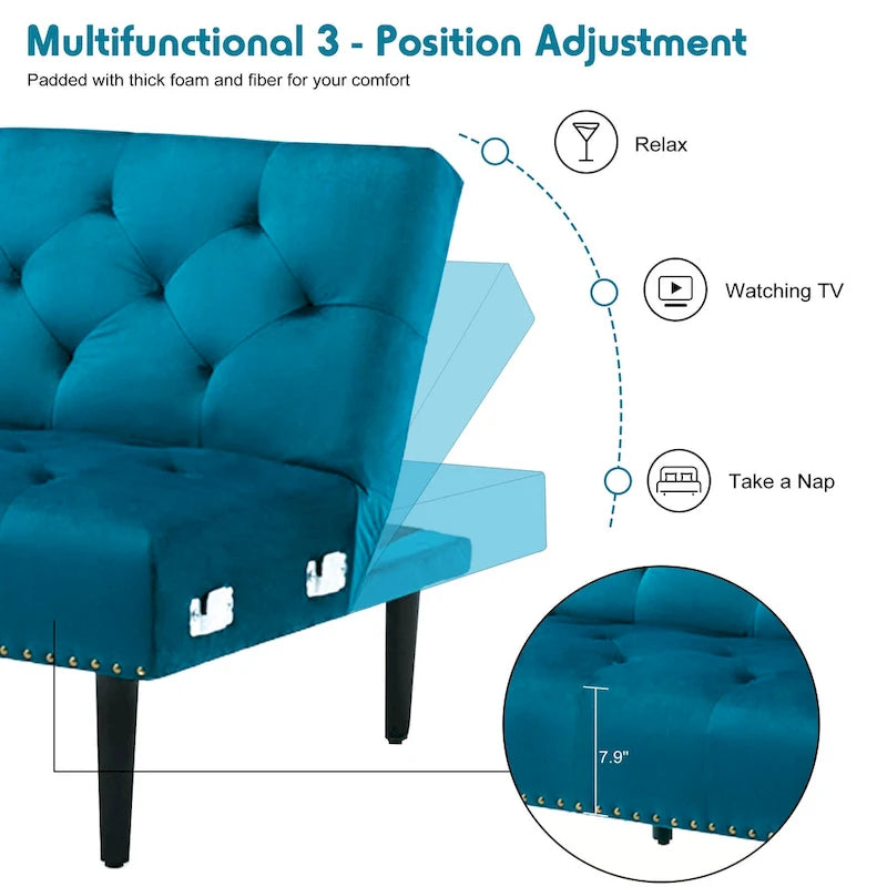 Canapé convertible en velours, canapé sectionnel avec pouf, canapé-lit futon du milieu du siècle - 32P x 100,7L x 29,9H