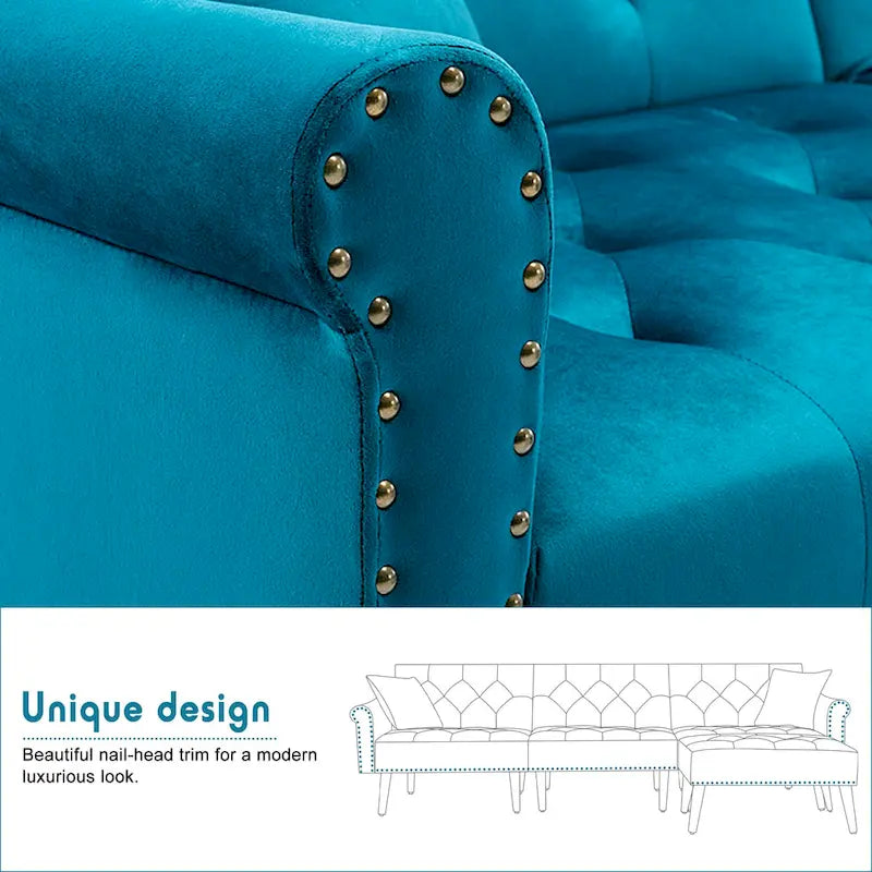 Canapé convertible en velours, canapé sectionnel avec pouf, canapé-lit futon du milieu du siècle - 32P x 100,7L x 29,9H