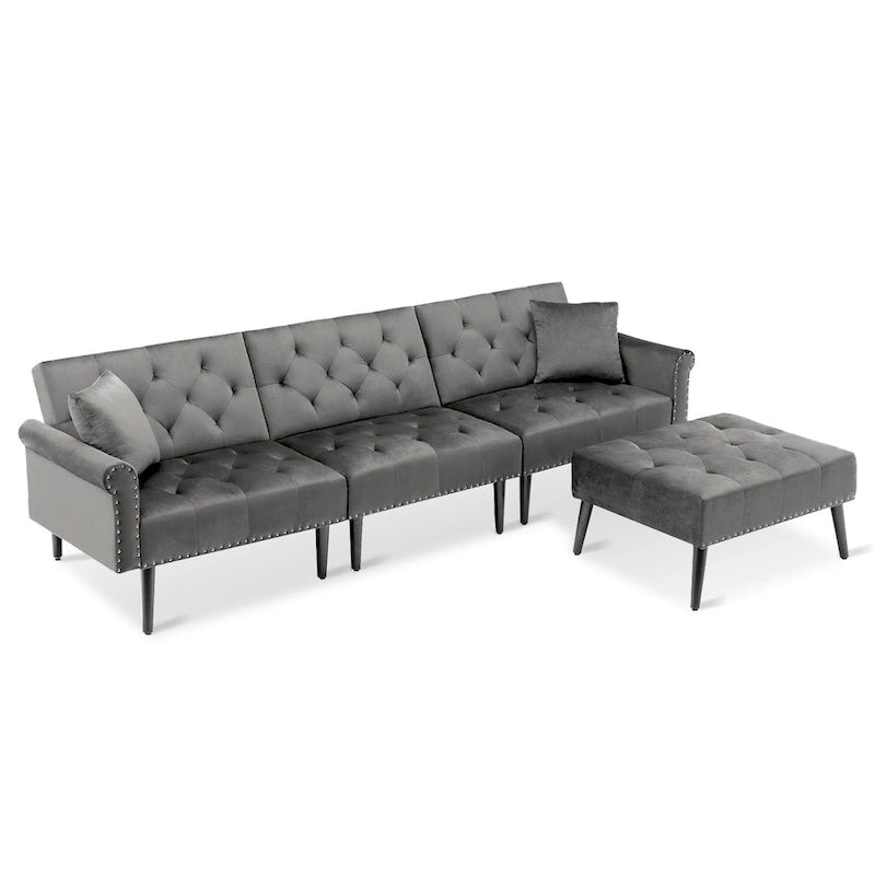Canapé convertible en velours, canapé sectionnel avec pouf, canapé-lit futon du milieu du siècle - 32P x 100,7L x 29,9H