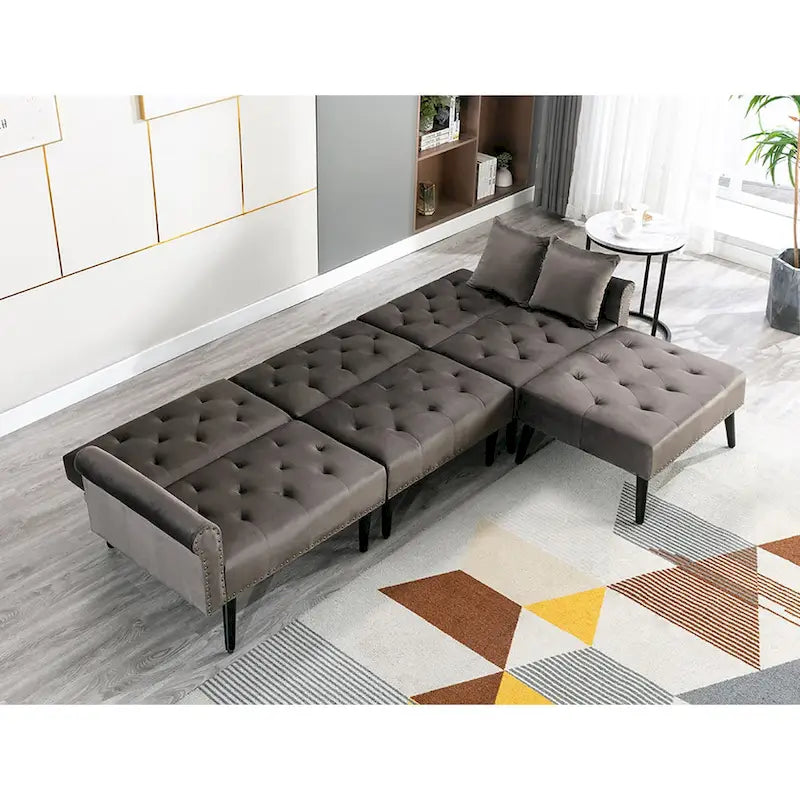 Canapé convertible en velours, canapé sectionnel avec pouf, canapé-lit futon du milieu du siècle - 32P x 100,7L x 29,9H