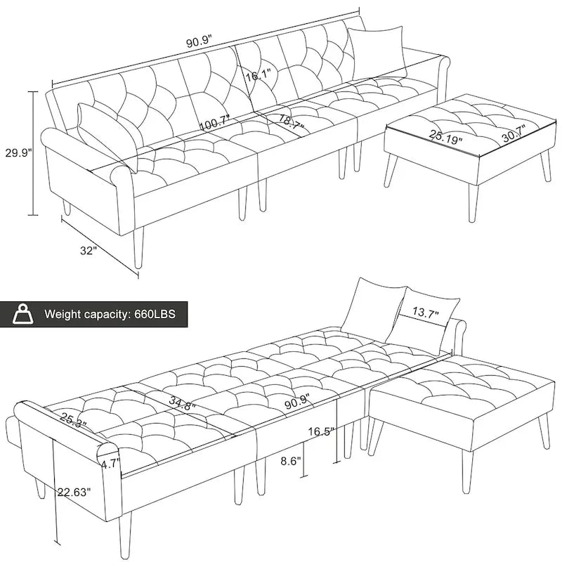 Canapé convertible en velours, canapé sectionnel avec pouf, canapé-lit futon du milieu du siècle - 32P x 100,7L x 29,9H