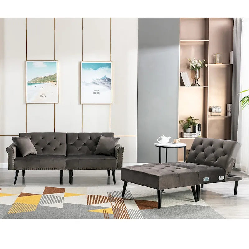 Canapé convertible en velours, canapé sectionnel avec pouf, canapé-lit futon du milieu du siècle - 32P x 100,7L x 29,9H