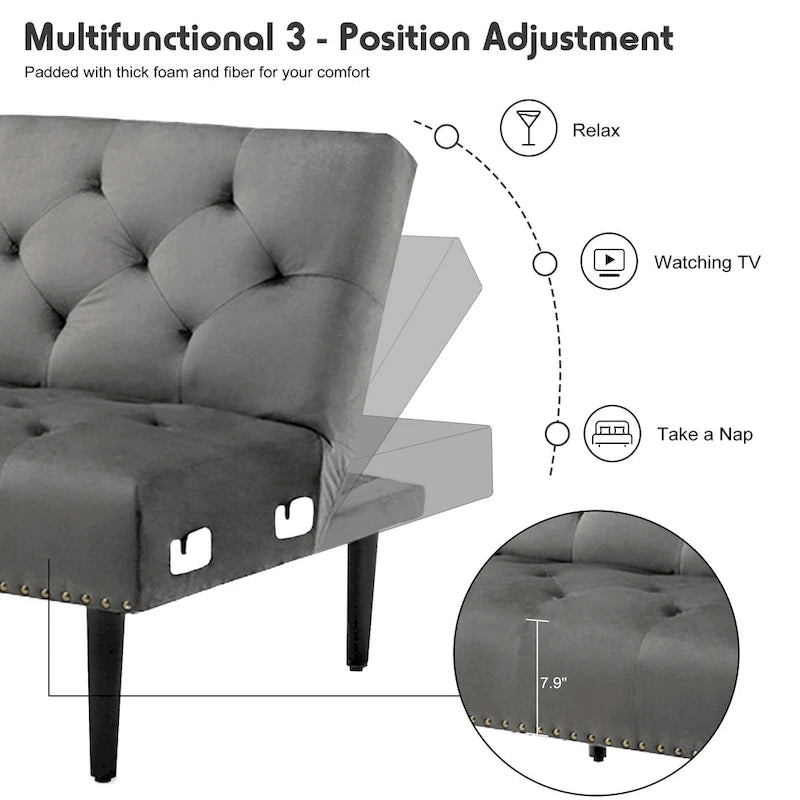 Canapé convertible en velours, canapé sectionnel avec pouf, canapé-lit futon du milieu du siècle - 32P x 100,7L x 29,9H
