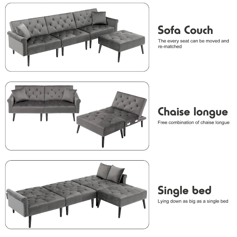 Canapé convertible en velours, canapé sectionnel avec pouf, canapé-lit futon du milieu du siècle - 32P x 100,7L x 29,9H