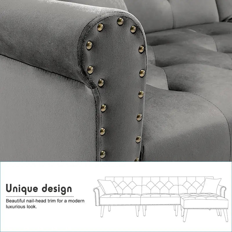 Canapé convertible en velours, canapé sectionnel avec pouf, canapé-lit futon du milieu du siècle - 32P x 100,7L x 29,9H