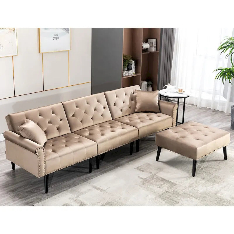 Canapé convertible en velours, canapé sectionnel avec pouf, canapé-lit futon du milieu du siècle - 32P x 100,7L x 29,9H