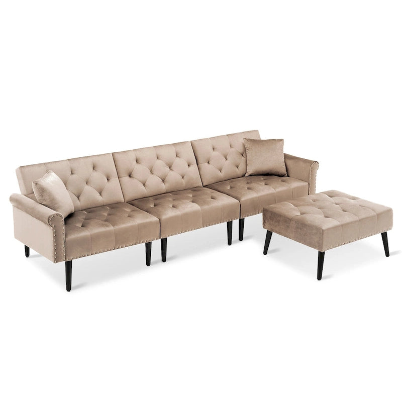 Canapé convertible en velours, canapé sectionnel avec pouf, canapé-lit futon du milieu du siècle - 32P x 100,7L x 29,9H