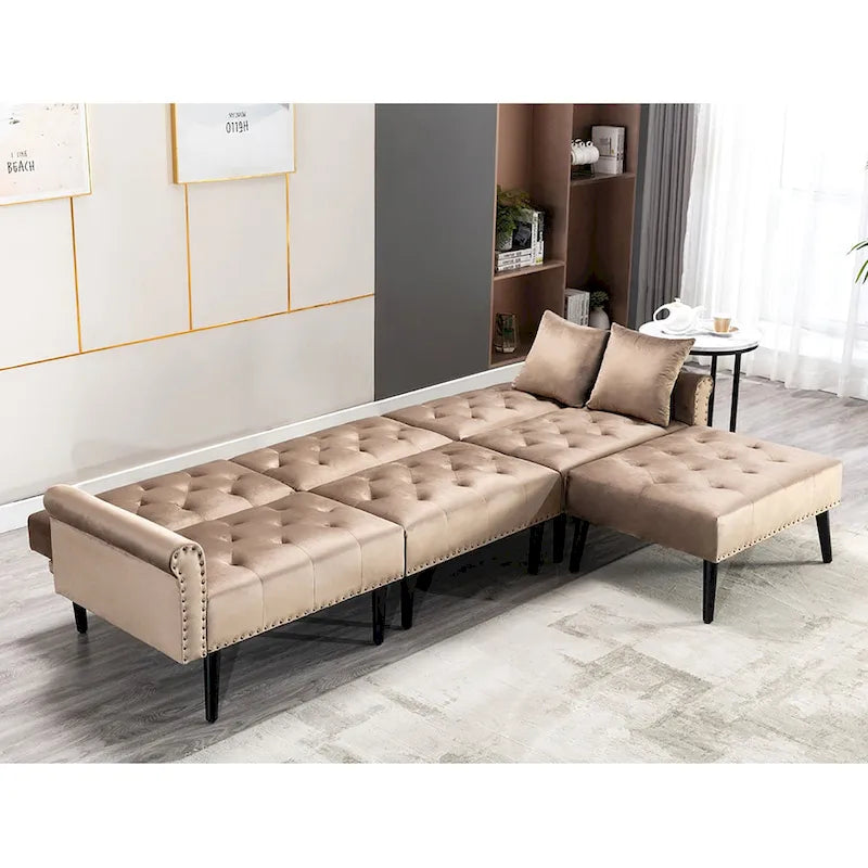 Canapé convertible en velours, canapé sectionnel avec pouf, canapé-lit futon du milieu du siècle - 32P x 100,7L x 29,9H