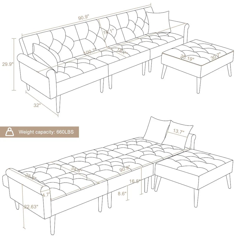 Canapé convertible en velours, canapé sectionnel avec pouf, canapé-lit futon du milieu du siècle - 32P x 100,7L x 29,9H