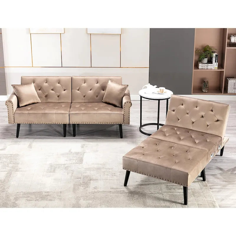 Canapé convertible en velours, canapé sectionnel avec pouf, canapé-lit futon du milieu du siècle - 32P x 100,7L x 29,9H