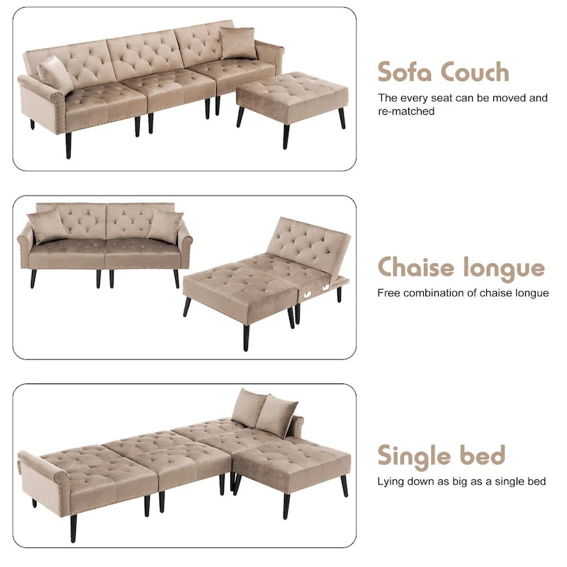 Canapé convertible en velours, canapé sectionnel avec pouf, canapé-lit futon du milieu du siècle - 32P x 100,7L x 29,9H