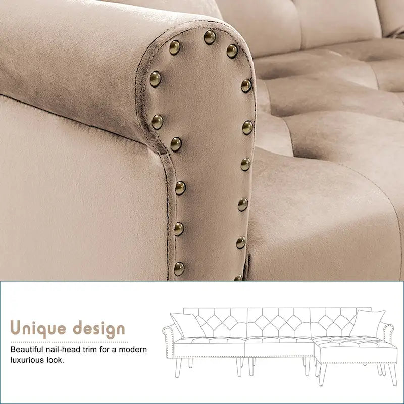 Canapé convertible en velours, canapé sectionnel avec pouf, canapé-lit futon du milieu du siècle - 32P x 100,7L x 29,9H