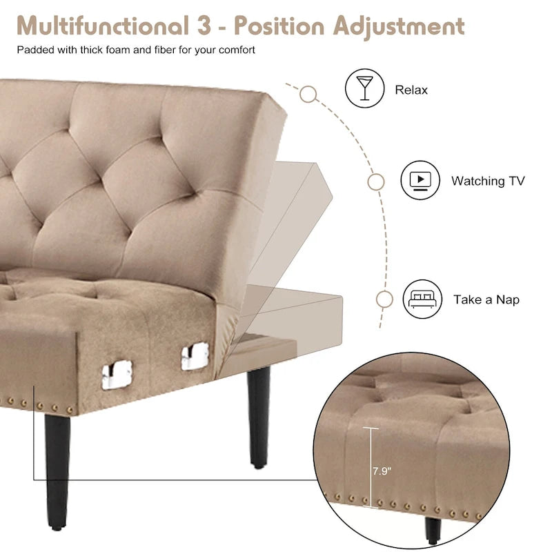 Canapé convertible en velours, canapé sectionnel avec pouf, canapé-lit futon du milieu du siècle - 32P x 100,7L x 29,9H