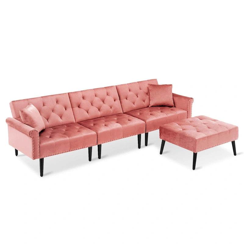 Canapé convertible en velours, canapé sectionnel avec pouf, canapé-lit futon du milieu du siècle - 32P x 100,7L x 29,9H