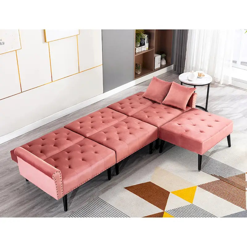 Canapé convertible en velours, canapé sectionnel avec pouf, canapé-lit futon du milieu du siècle - 32P x 100,7L x 29,9H