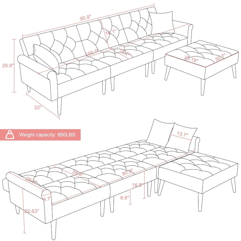 Canapé convertible en velours, canapé sectionnel avec pouf, canapé-lit futon du milieu du siècle - 32P x 100,7L x 29,9H
