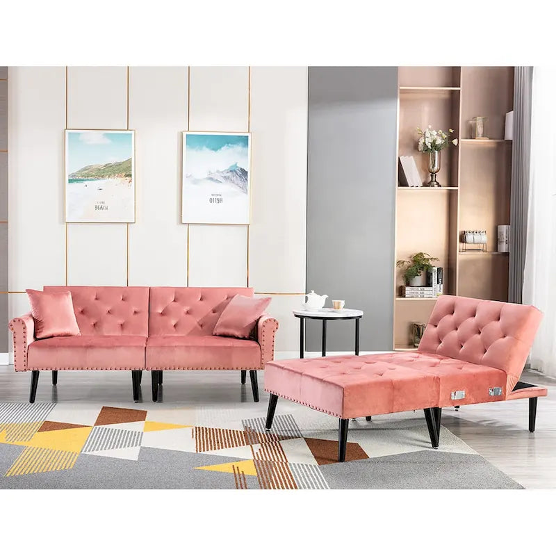 Canapé convertible en velours, canapé sectionnel avec pouf, canapé-lit futon du milieu du siècle - 32P x 100,7L x 29,9H