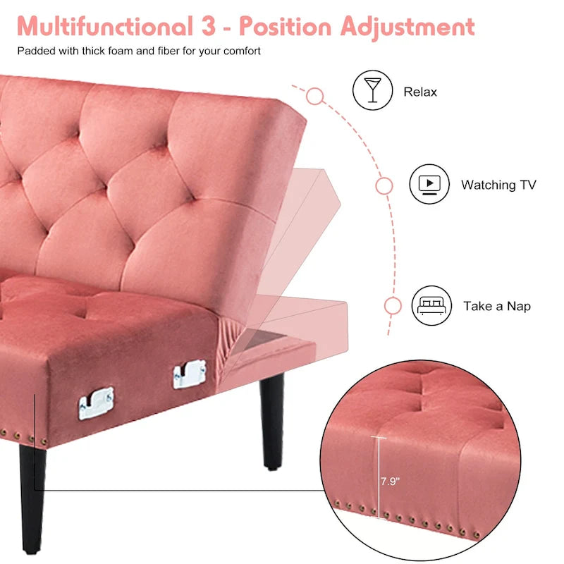 Canapé convertible en velours, canapé sectionnel avec pouf, canapé-lit futon du milieu du siècle - 32P x 100,7L x 29,9H
