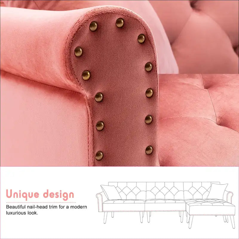 Canapé convertible en velours, canapé sectionnel avec pouf, canapé-lit futon du milieu du siècle - 32P x 100,7L x 29,9H