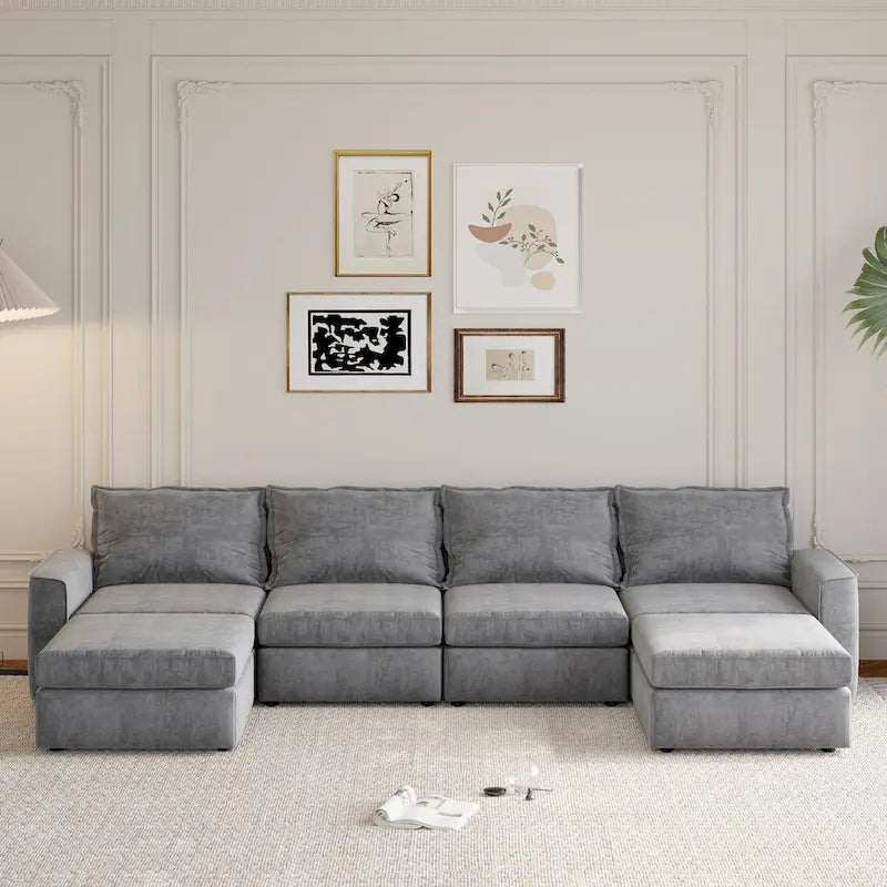 Nestfair Chenille Modular Sectional Sofa U Shaped Reversible Couch Free Combination 6 Seat Sleeper Sofa Bed with Ottoman